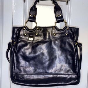 Vintage Kenneth Cole Reaction Black Leather Bag Brass Hardware Purse Tote Retro